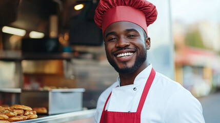 Smiling African American male cook in apron near food truck on the street in the park