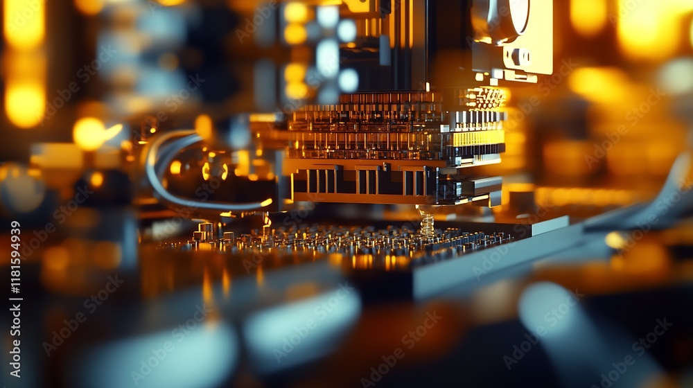 Aufkleber Close-up of intricate circuit board with glowing components in dynamic industrial setting : Generative AI