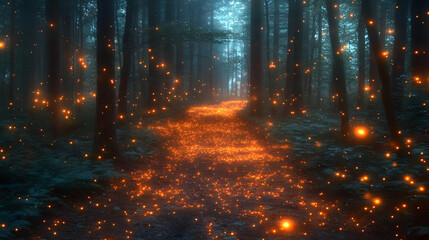 Fototapeta premium Enchanted Forest Path Glows with Magic at Night Mysteriously