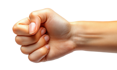 Closed clenched fist of female hand, gesture symbolizing strength, power, and determination, human hand anatomy concept for unity and protest isolated on transparent background