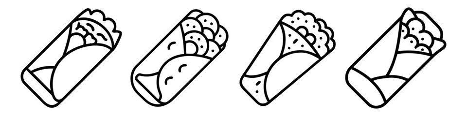 burrito icon, foods line art, foods vector - simple black line art icon of burrito perfect for logos, and foods -themed designs.