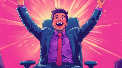 A cartoon of a figure in an office chair, arms raised with joy and excitement