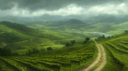 Naklejka premium Vineyard Hills Landscape Illustration