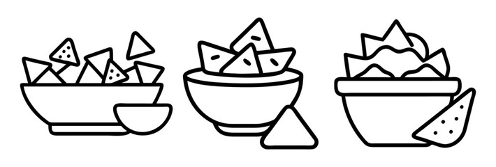 chips and salsa icon, foods line art, foods vector - simple black line art icon of chips and salsa perfect for logos, and foods -themed designs.