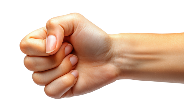 Closed clenched fist of female hand, gesture symbolizing strength, power, and determination, human hand anatomy concept for unity and protest isolated on transparent background