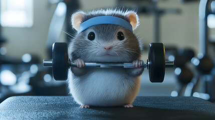 Small hamster engages in weightlifting at the gym showcasing playful exercise enthusiasm