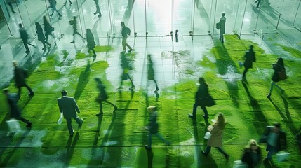 People walking across a modern green space indoors with reflections and shadows in a busy urban setting