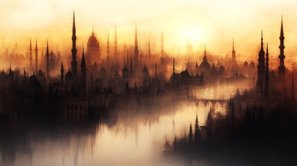 Fototapeta premium Ancient City Silhouette at Golden Sunrise