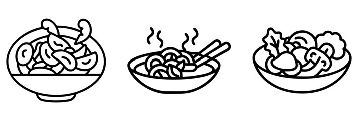 stir fry vegetables icon, foods line art, foods vector - simple black line art icon of stir fry vegetables perfect for logos, and foods -themed designs.