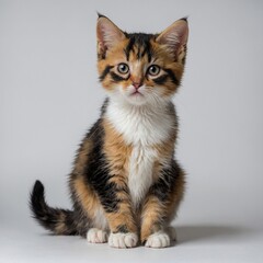 Obraz premium A curious calico kitten with bright eyes, sitting upright against a white background.