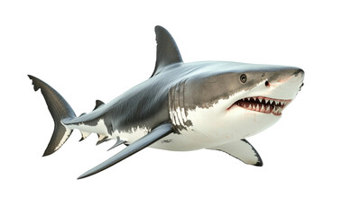 Fototapeta premium Great white shark swimming powerfully in the ocean, showing sharp teeth and muscular body, representing marine life, predator strength, and nature isolated on transparent background