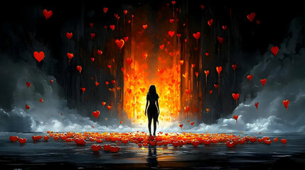 Love Journey: Woman Walks Towards Light with Floating Hearts & Romance