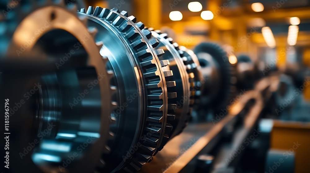 Poster Large industrial gear wheels in manufacturing setting with soft focus in background for engineering concepts : Generative AI