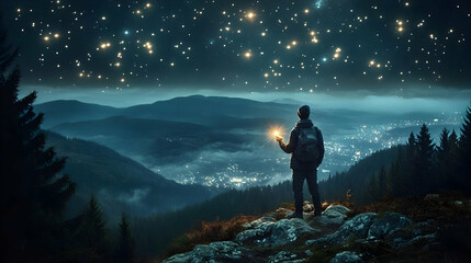 Obraz premium Hiker Explores Misty Mountain Valley Under Starry Night with Bright Light Quietly