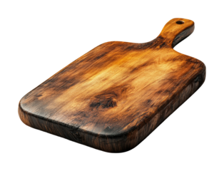 Handcrafted wooden cutting board, rustic kitchen tool with natural grain, food preparation accessory for serving, chopping, and slicing isolated on transparent background