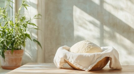 Warm sunlight streams through a window as dough rests under a cloth, symbolizing the vibrant spirit of Mardi Gras and the joyful preparation for Maslenitsa celebrations