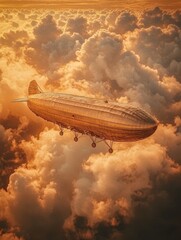 Fototapeta premium Golden Zeppelins Sailing Through Fiery Sunset Clouds Vintage Airship Above Dramatic Sky.