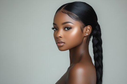 A beautiful ebony woman stands with her back slightly turned, showcasing long braided hair and striking features against a plain background