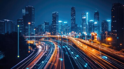 Fototapeta premium Urban Nightscape with Light Trails and Skyscrapers in City Center