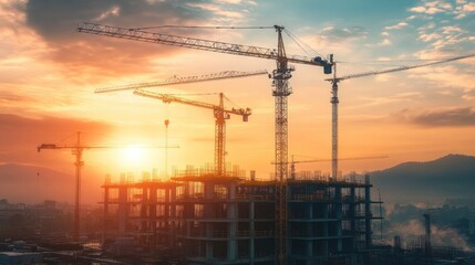 Building Site at Sunset with Cranes and a Colorful Sky