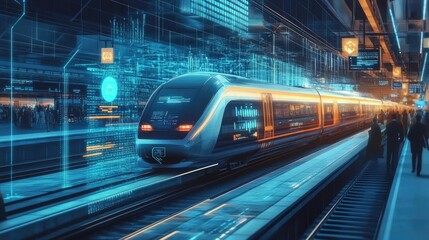 Obraz premium High-Speed Train Departing from Futuristic Urban Station at Dusk