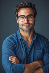 Obraz premium Portrait of happy fashionable handsome man in jeans shirt and glasses crossing hands and smiling