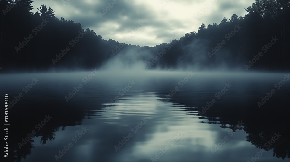 Poster Misty Lake at Dawn with Fog and Trees Reflecting on Water Surface : Generative AI