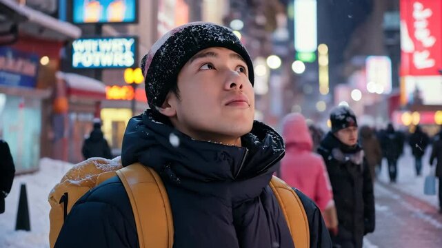 A man wearing a black and pink hat and a yellow backpack is standing in the snow. He looks up at the sky and he is looking at something. There are other people in the background