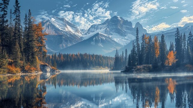 Image of a mountain lake with reflection of mountains in the water. This image will be useful in publications about traveling, nature and ecology photography.