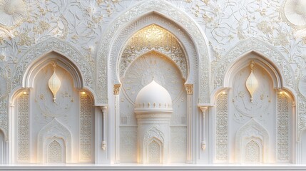 Obraz premium Elegant Islamic Architecture: Intricate White and Gold Mosque Interior