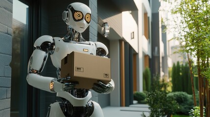 Robot with Box Delivering Package Outside Modern House