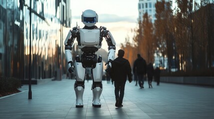 Obraz premium Robot and Child Walking Together in Modern Urban Environment