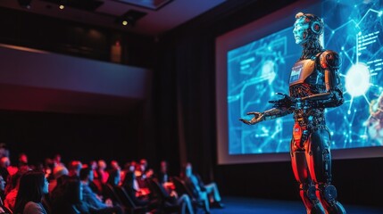 Fototapeta premium Futuristic Robot Presenter Engaging Audience at Technology Conference