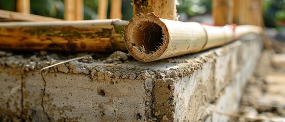 bamboo tubes set on a concrete base, possibly during the construction process. will be useful for articles on construction, eco-friendly materials and traditional methods of erecting buildings.
