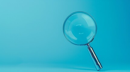 This image shows a magnifying glass on a bright blue background. would be useful for articles about scientific research, detective stories, educational materials, and advertising for optical devices.