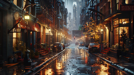 Enchanting Urban Street Scene at Night with City Lights and Autumn Foliage - Atmospheric Rainy Evening Photography