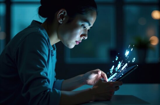 The student is working on a tablet. In front of her is a hologram on a glowing artificial intelligence chip with chatbot icons. The concept of artificial intelligence and virtual assistant