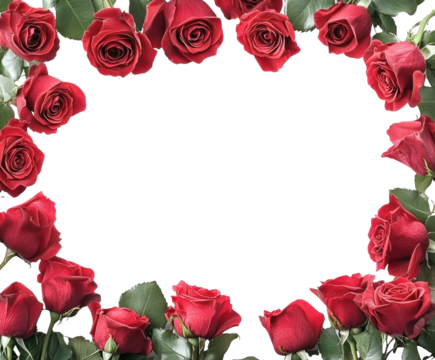 Romantic red roses arranged in circular floral border, beautiful vibrant flowers with green leaves, perfect for love, weddings, and Valentine’s Day isolated on transparent background