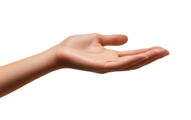 Open palm hand gesture, realistic human hand extended upward, offering or holding pose, skin texture detail, isolated on transparent background