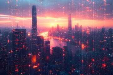 Fototapeta premium Futuristic Cityscape at Sunset with Digital Grid Overlay for Sci-Fi Themes
