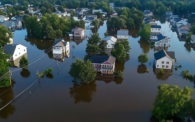 Fototapeta na wymiar Aerial view of suburban neighborhood submerged in flood waters after heavy rainfall natural disaster impact : Generative AI
