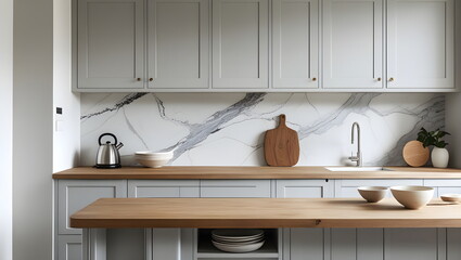 Minimalist Light Gray Kitchen with Clean Wooden Countertops