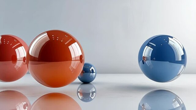 Three spherical objects in vibrant colors rest on a glossy surface, creating a captivating display of reflections and shadows