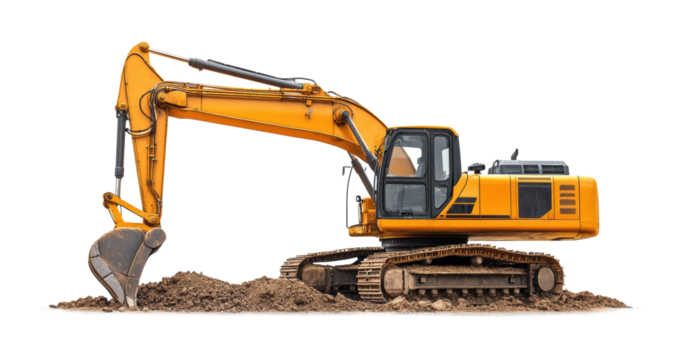 Excavator on a construction site demonstrating heavy machinery capabilities for digging and earth moving activities. Isolated on transparent background, png.