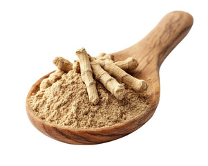 Powder and roots on wooden spoon, natural herbal supplement concept, healthy alternative medicine or spice ingredient for cooking and wellness isolated on transparent background