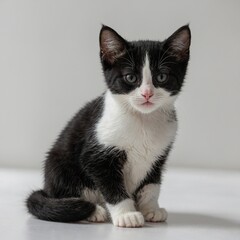 A cute black-and-white tuxedo kitten with a playful smirk, sitting on a white surface.