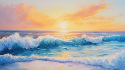 Dramatic Ocean Sunset Oil Painting with Crashing Waves and Golden Sky.