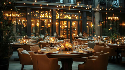 Fototapeta premium Restaurant Ambiance Creates Warm Dining with Candlelight and Soft Lighting