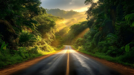 Fototapeta premium Jungle Road Winds Through Lush Greenery into Golden Sunlight