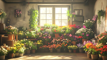 Obraz premium Colorful Flowers Bloom Beautifully in Pots by Sunny Window with Greenery